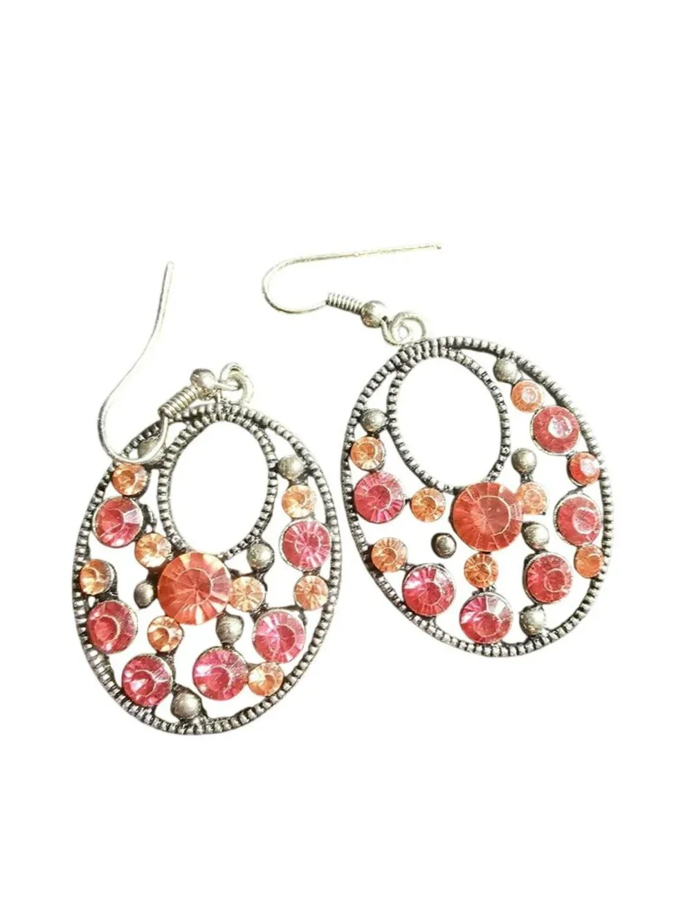 Oval Silver-Tone Dangle Earrings Pink & Orange Rhinestones Lightweight Statement